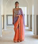 Lilac-orange ombre floral embroidered border saree with v-neck blouse