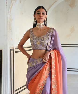 Lilac-orange ombre floral embroidered border saree with v-neck blouse 2