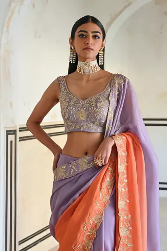 Lilac-orange ombre floral embroidered border saree with v-neck blouse