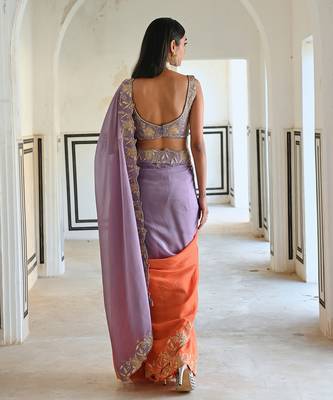 Lilac-orange ombre floral embroidered border saree with v-neck blouse 3
