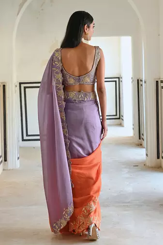 Lilac-orange ombre floral embroidered border saree with v-neck blouse