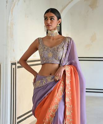 Lilac-orange ombre floral embroidered border saree with v-neck blouse 4