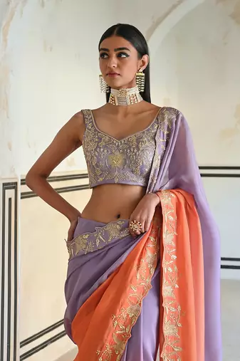 Lilac-orange ombre floral embroidered border saree with v-neck blouse