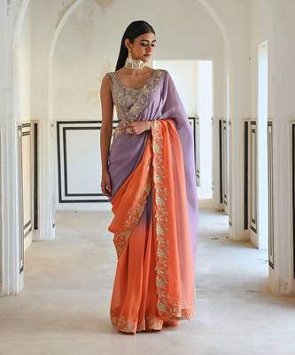 Lilac-orange ombre floral embroidered border saree with v-neck blouse 5