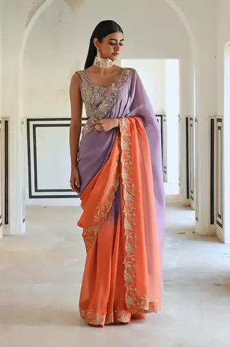 Lilac-orange ombre floral embroidered border saree with v-neck blouse