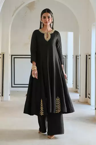 Neckline embroidered full kali anarkali and palazzo