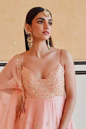 Floral jaal yoke embroidered 16 kali anarkali with dupatta