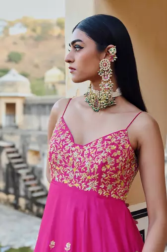 Floral jaal yoke embroidered 16 kali anarkali with dupatta