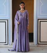 V-neck floral butti embroidered full sleeve anarkali with dupatta