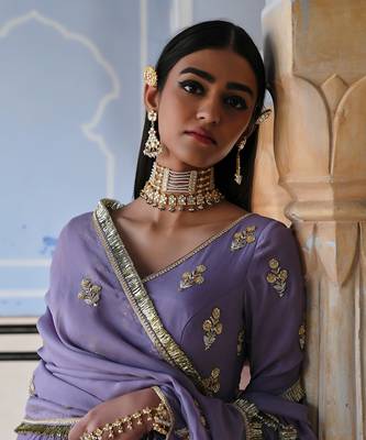 V-neck floral butti embroidered full sleeve anarkali with dupatta 2