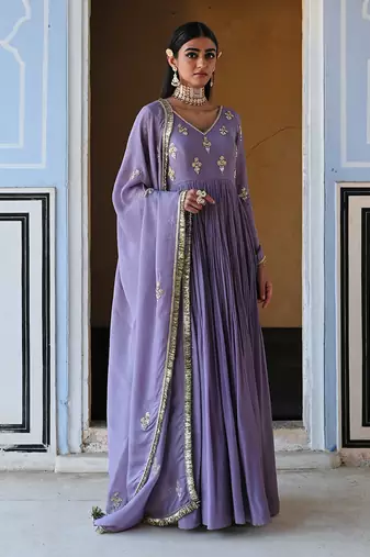 V-neck floral butti embroidered full sleeve anarkali with dupatta