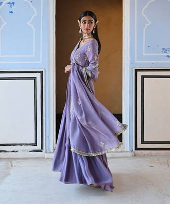 V-neck floral butti embroidered full sleeve anarkali with dupatta 4