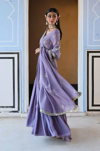 V-neck floral butti embroidered full sleeve anarkali with dupatta