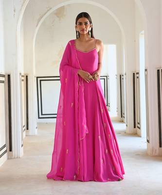 Bright pink spaghetti butti embroidered godet anarkali with dupatta 1