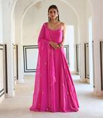 Bright pink spaghetti butti embroidered godet anarkali with dupatta