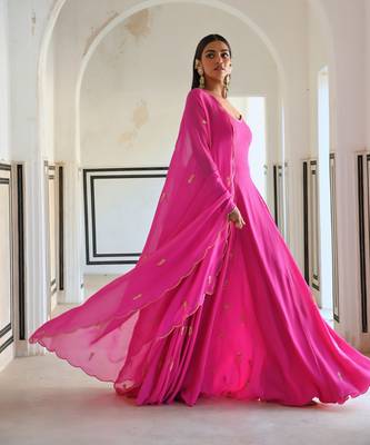 Bright pink spaghetti butti embroidered godet anarkali with dupatta 3