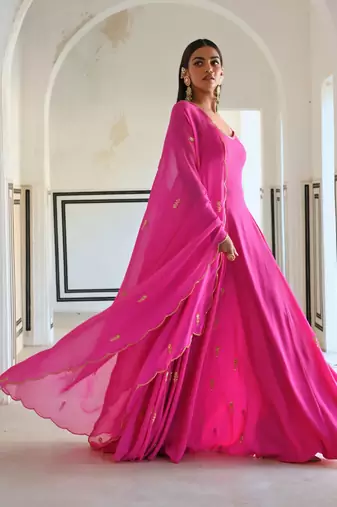 Bright pink spaghetti butti embroidered godet anarkali with dupatta