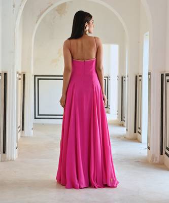 Bright pink spaghetti butti embroidered godet anarkali with dupatta 4