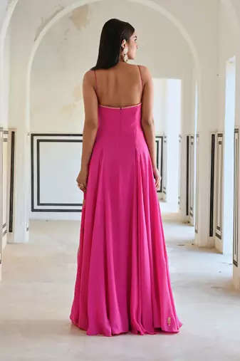Bright pink spaghetti butti embroidered godet anarkali with dupatta
