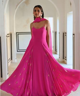 Bright pink spaghetti butti embroidered godet anarkali with dupatta 5