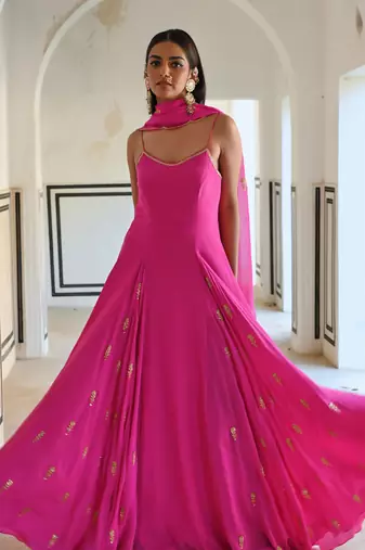 Bright pink spaghetti butti embroidered godet anarkali with dupatta