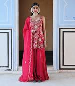 Square nekline big flower jaal embroidered short kurta with palazzo and dupatta