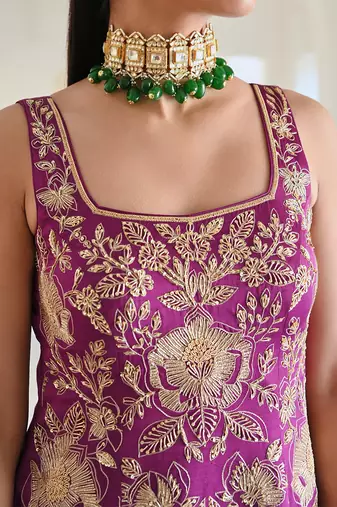 Square nekline big flower jaal embroidered short kurta with palazzo and dupatta