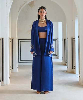 Royal blue loose fitted embroidered blazer with bralet and palazzo 1