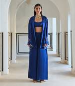 Royal blue loose fitted embroidered blazer with bralet and palazzo