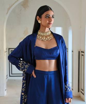 Royal blue loose fitted embroidered blazer with bralet and palazzo 2
