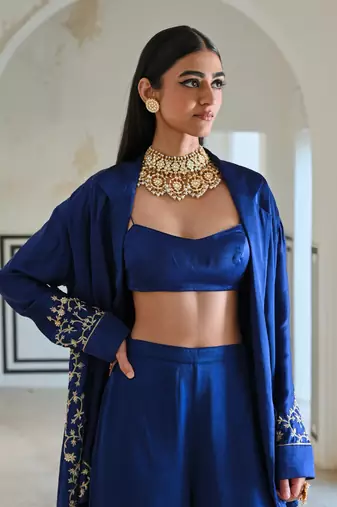 Royal blue loose fitted embroidered blazer with bralet and palazzo