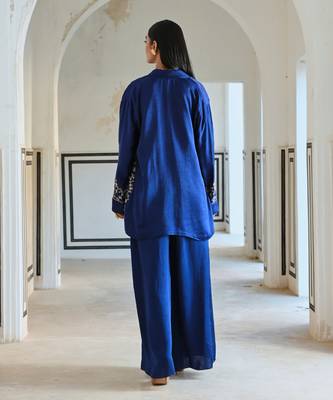 Royal blue loose fitted embroidered blazer with bralet and palazzo 3