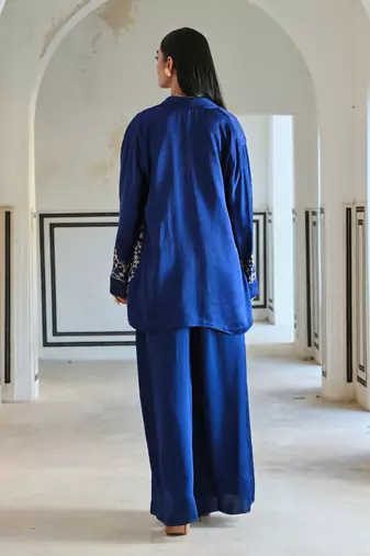 Royal blue loose fitted embroidered blazer with bralet and palazzo