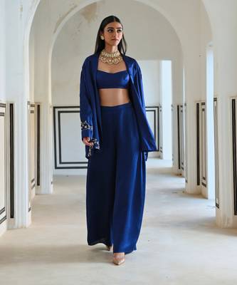 Royal blue loose fitted embroidered blazer with bralet and palazzo 4