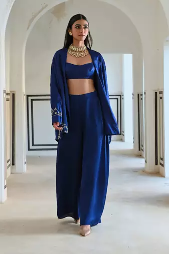 Royal blue loose fitted embroidered blazer with bralet and palazzo