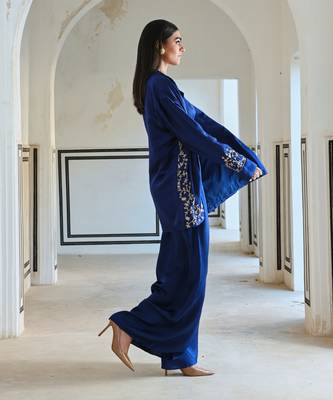 Royal blue loose fitted embroidered blazer with bralet and palazzo 5