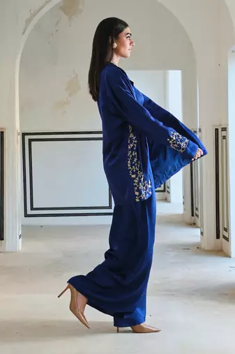 Royal blue loose fitted embroidered blazer with bralet and palazzo
