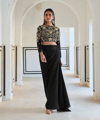 Black full sleeve big flower jaal embroidered crop top with cowl skirt. 1