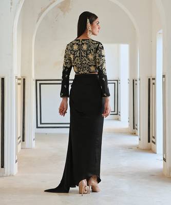 Black full sleeve big flower jaal embroidered crop top with cowl skirt. 3