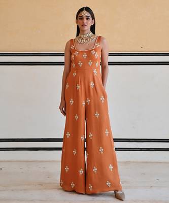 Copper square neckline floral butti embroidered flared jumpsuit 1