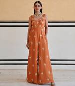 Copper square neckline floral butti embroidered flared jumpsuit