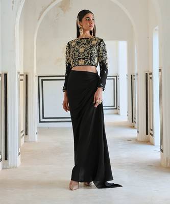 Black full sleeve big flower jaal embroidered crop top with cowl skirt. 4