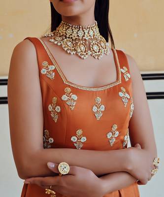 Copper square neckline floral butti embroidered flared jumpsuit 2