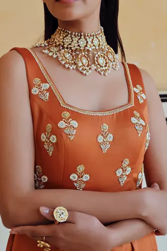 Copper square neckline floral butti embroidered flared jumpsuit