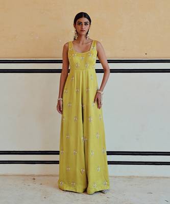 Lime square neckline floral butti embroidered flared jumpsuit 1