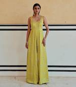 Lime square neckline floral butti embroidered flared jumpsuit