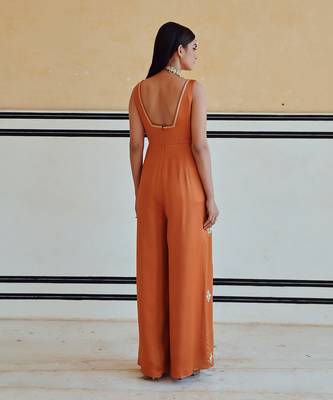 Copper square neckline floral butti embroidered flared jumpsuit 3