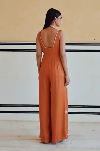 Copper square neckline floral butti embroidered flared jumpsuit