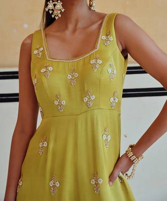 Lime square neckline floral butti embroidered flared jumpsuit 2