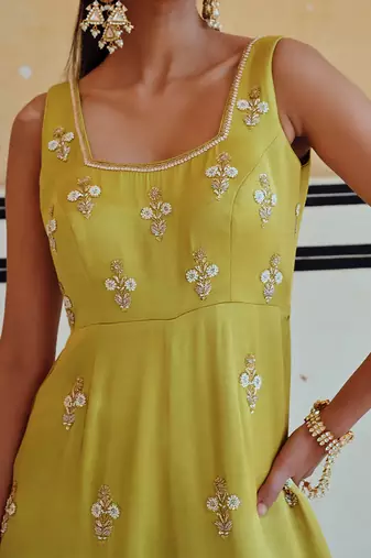 Lime square neckline floral butti embroidered flared jumpsuit